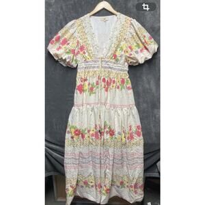 Entro Boho Floral Maxi Dress M Babydoll Tier Puff Sleeves Country Romance Flowy
